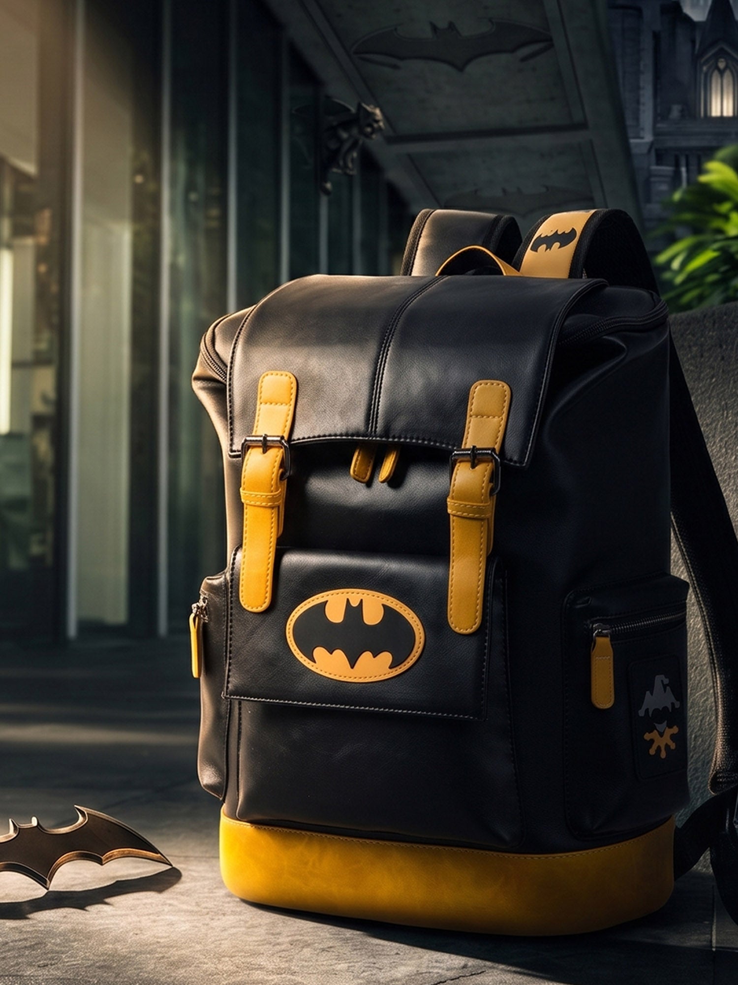 batman metal plate faux leather backpack The Dark Knight Batpack grittiest cinematic adaption yet DC Comics | Bags |