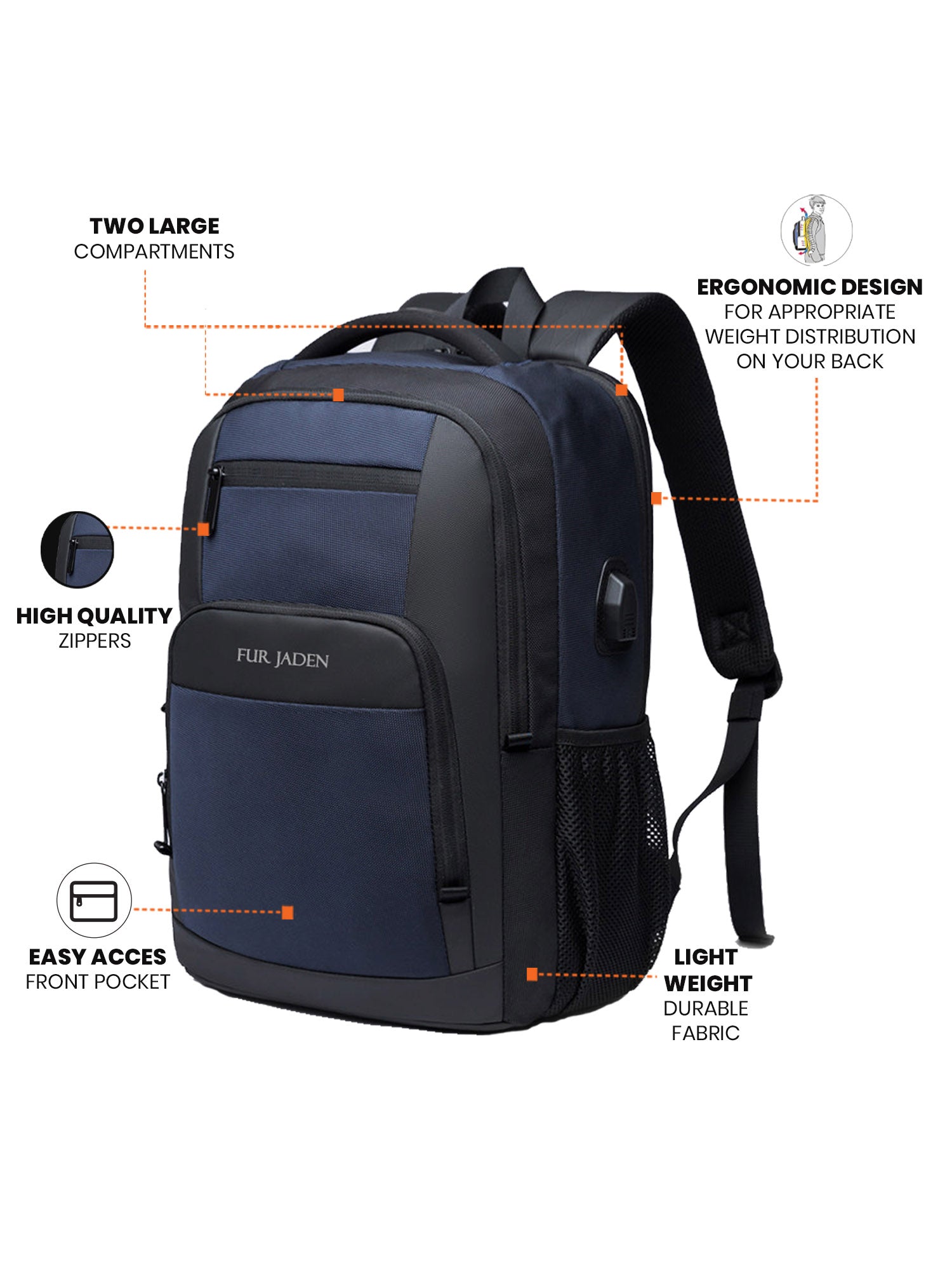 Laptop Backpack with USB Port | Navy Blue