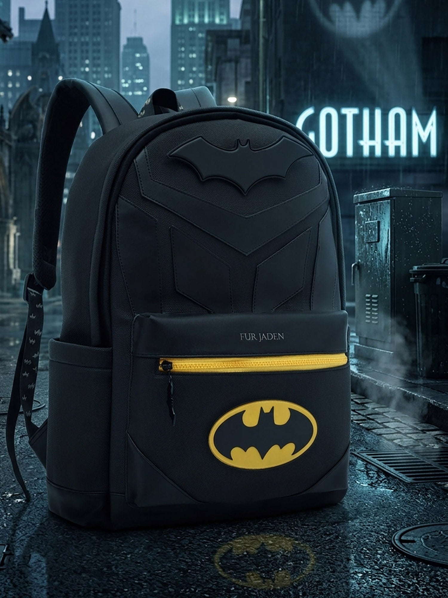 batman metal plate faux leather backpack The vs Joker Batpack grittiest cinematic adaption yet The Dark Knight Batpack -