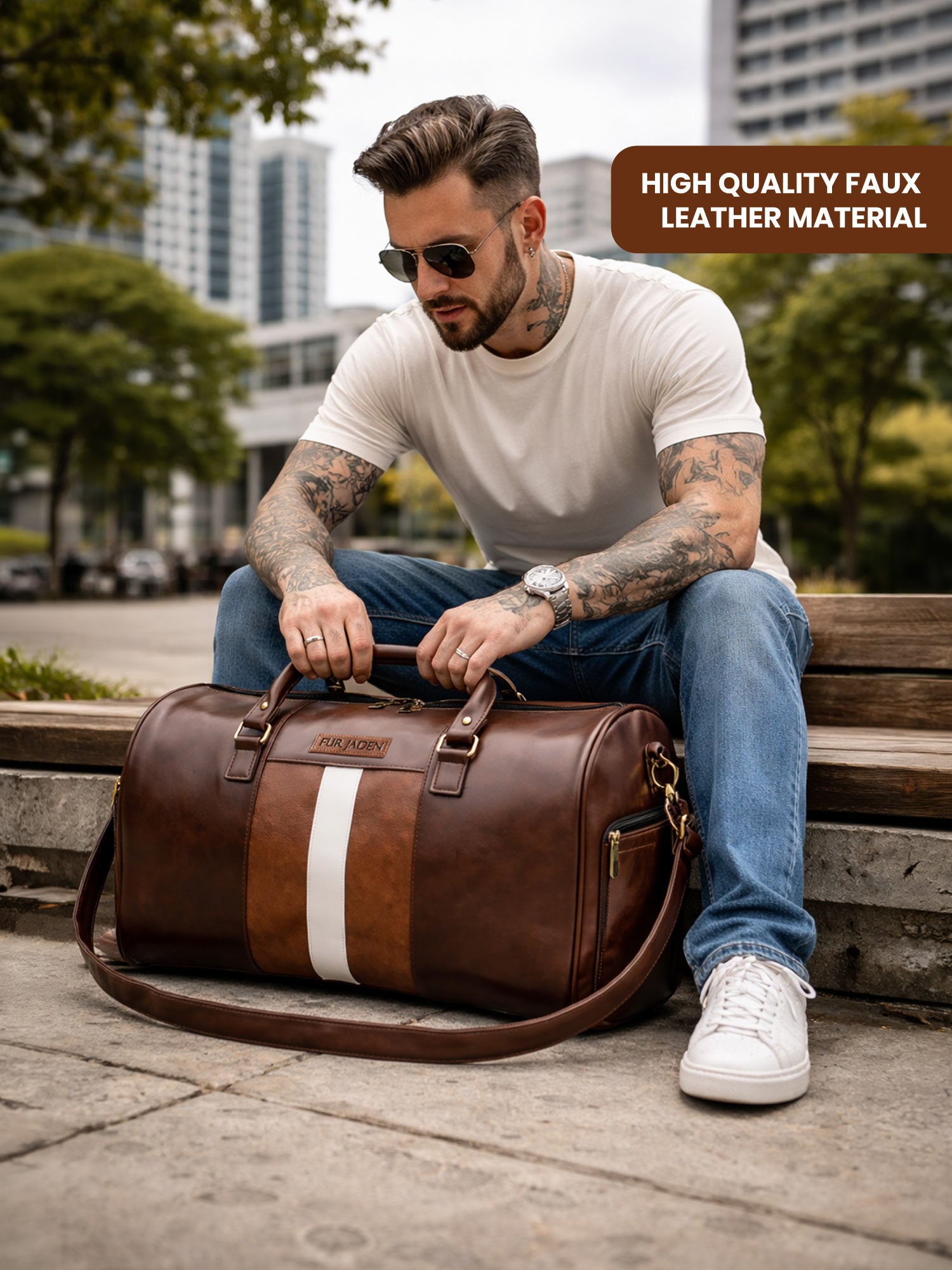 Fur Jaden Brown Weekender Faux Leather Duffle Bag with Shoe