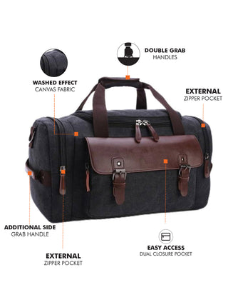 Charcoal Black Sustainable Canvas & Vegan Leather 40L Travel Duffle