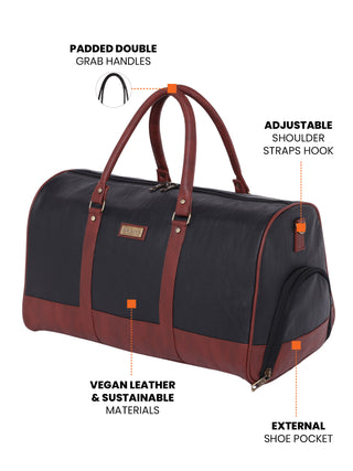 Ink Black Vegan Leather Travel Duffle Bag With External Shoe Pocket