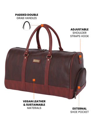 Mocha Brown Vegan Leather Travel Duffle Bag With External Shoe Pocket