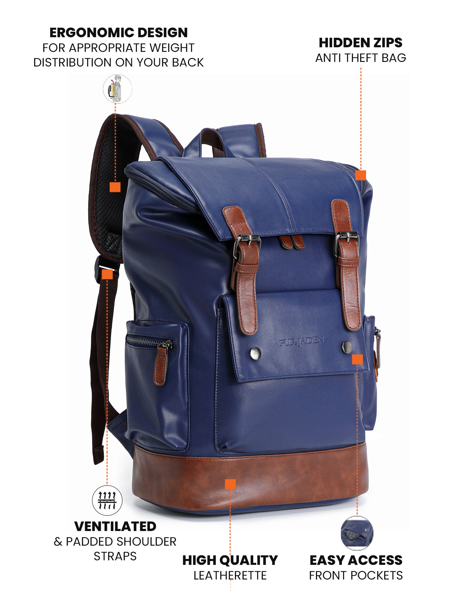 Midnight Fur Ltd Jaden Blue Backpack 15.6 Lifestyle Theft Pvt – Navy Leatherette Jaden Fur Laptop Anti Inch