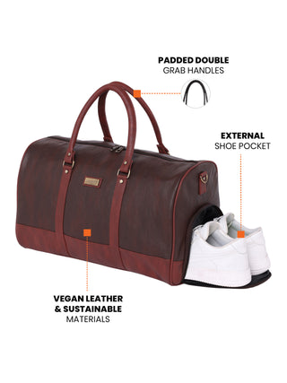 Mocha Brown Vegan Leather Travel Duffle Bag With External Shoe Pocket