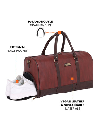 Earthy Tan Vegan Leather Travel Duffle Bag With External Shoe Pocket