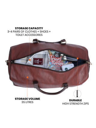 Earthy Tan Vegan Leather Travel Duffle Bag With External Shoe Pocket