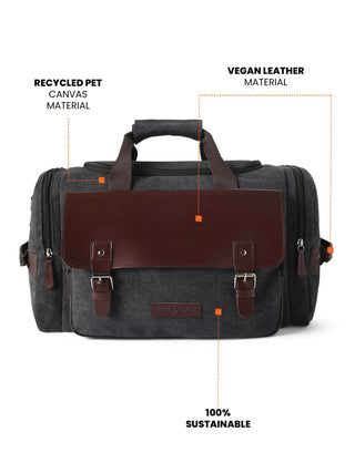 Charcoal Black Sustainable Canvas & Vegan Leather 40L Travel Duffle