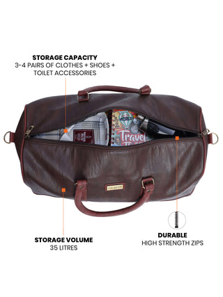 Mocha Brown Vegan Leather Travel Duffle Bag With External Shoe Pocket