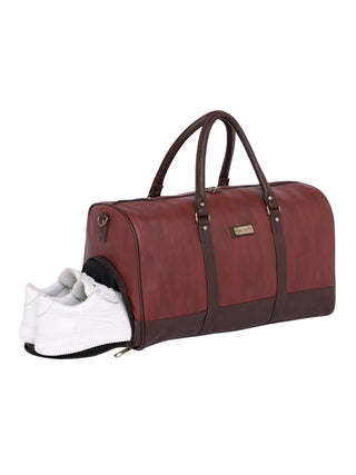 Earthy Tan Vegan Leather Travel Duffle Bag With External Shoe Pocket