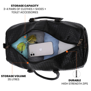 Black Textured Travel Duffle Bag With Shoe Pocket