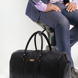 Black Textured Travel Duffle Bag With Shoe Pocket