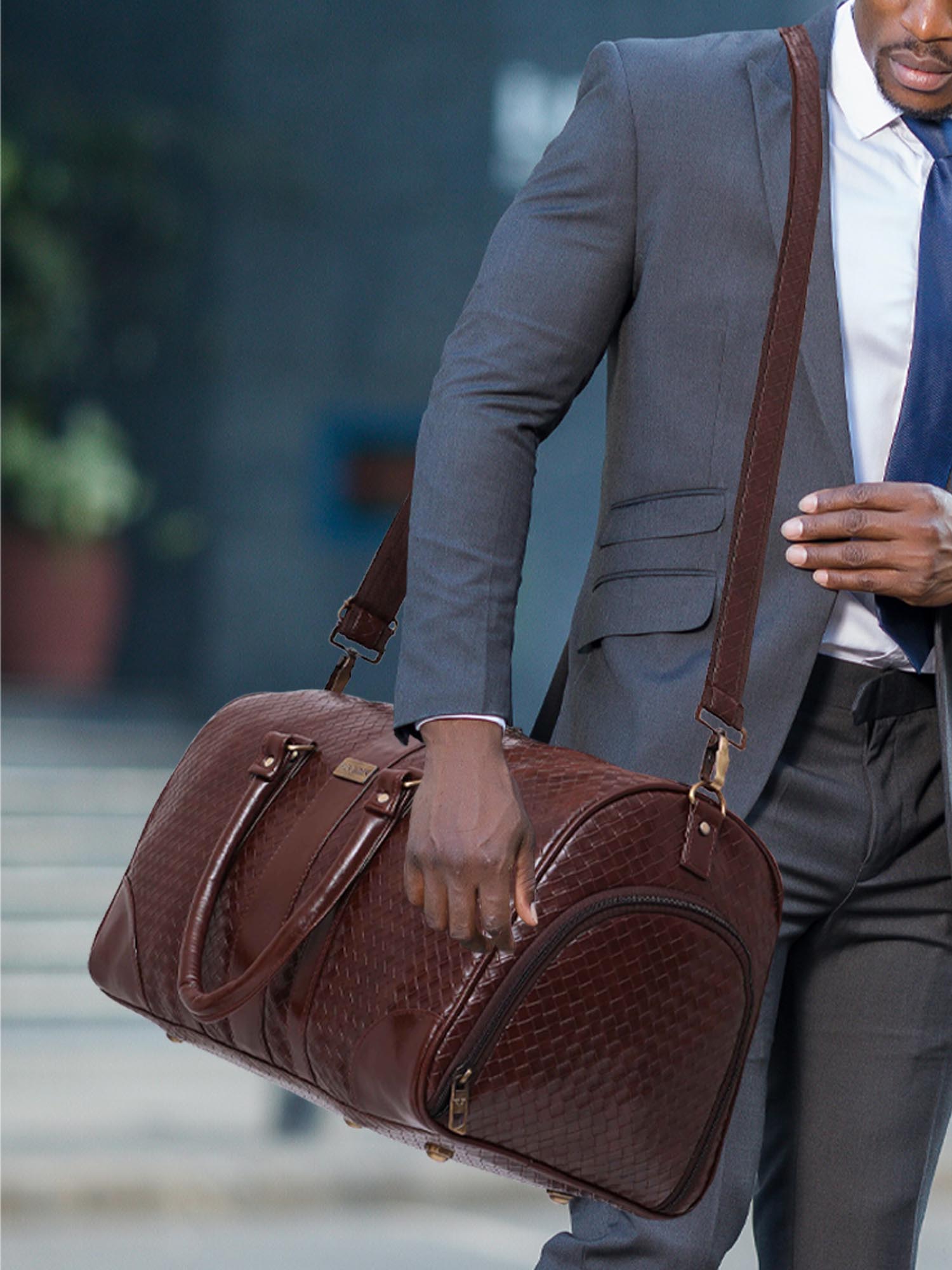 Brown Textured Travel Duffle Bag With Shoe Pocket
