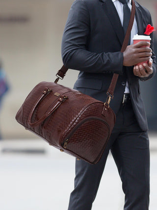 Brown Textured Travel Duffle Bag With Shoe Pocket