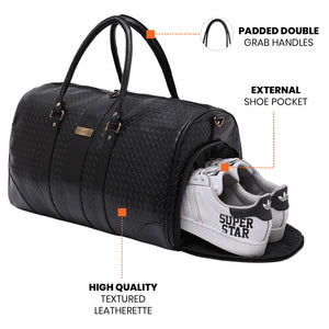 Black Textured Travel Duffle Bag With Shoe Pocket