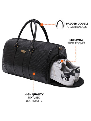 Black Textured Travel Duffle Bag With Shoe Pocket