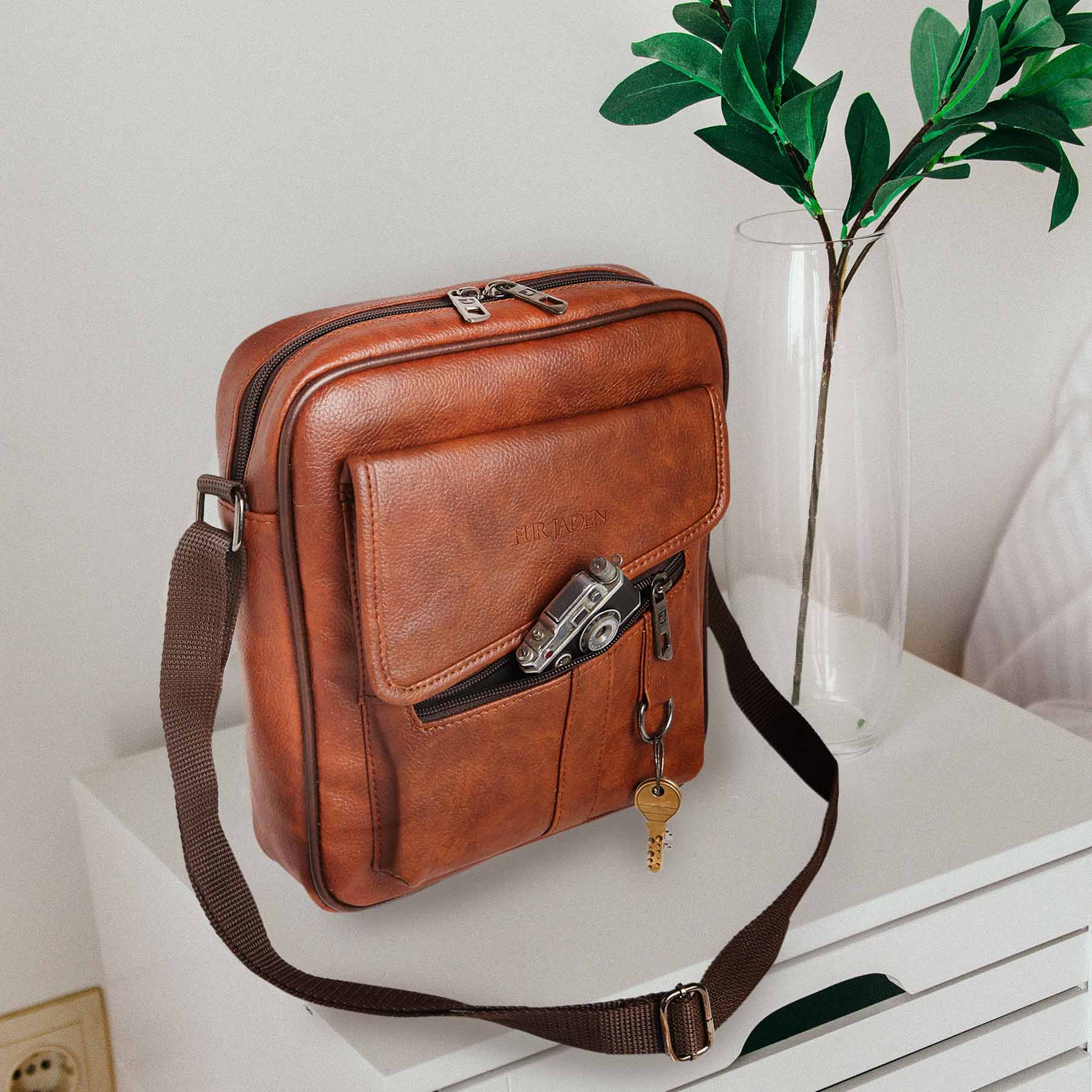 Leatherette Crossbody Sling Bag (Tan)