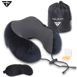 Black Memory Foam Travel Neck Support Pillow, Eye Mask, Noise Isolating EarPlugs Combo