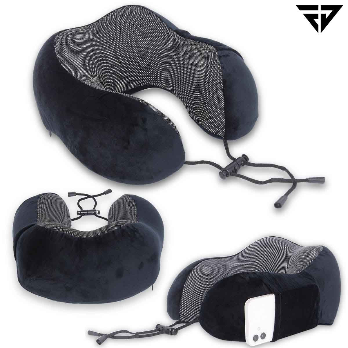 Black Memory Foam Travel Neck Support Pillow, Eye Mask, Noise Isolating EarPlugs Combo