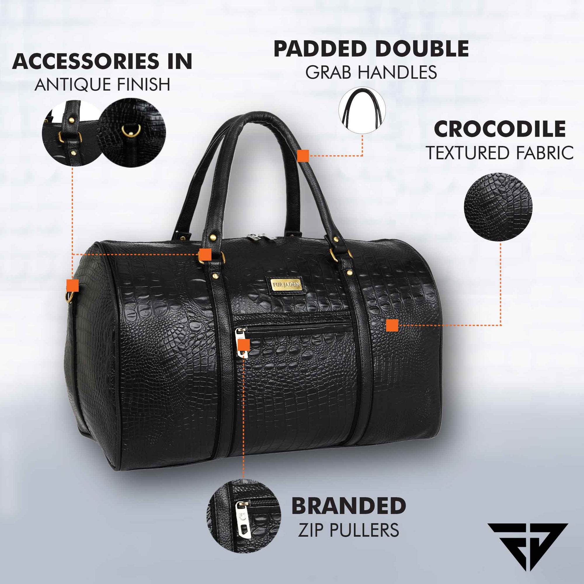 Fur Jaden Black Crocodile Textured 35L Weekender Duffle Bag – Fur